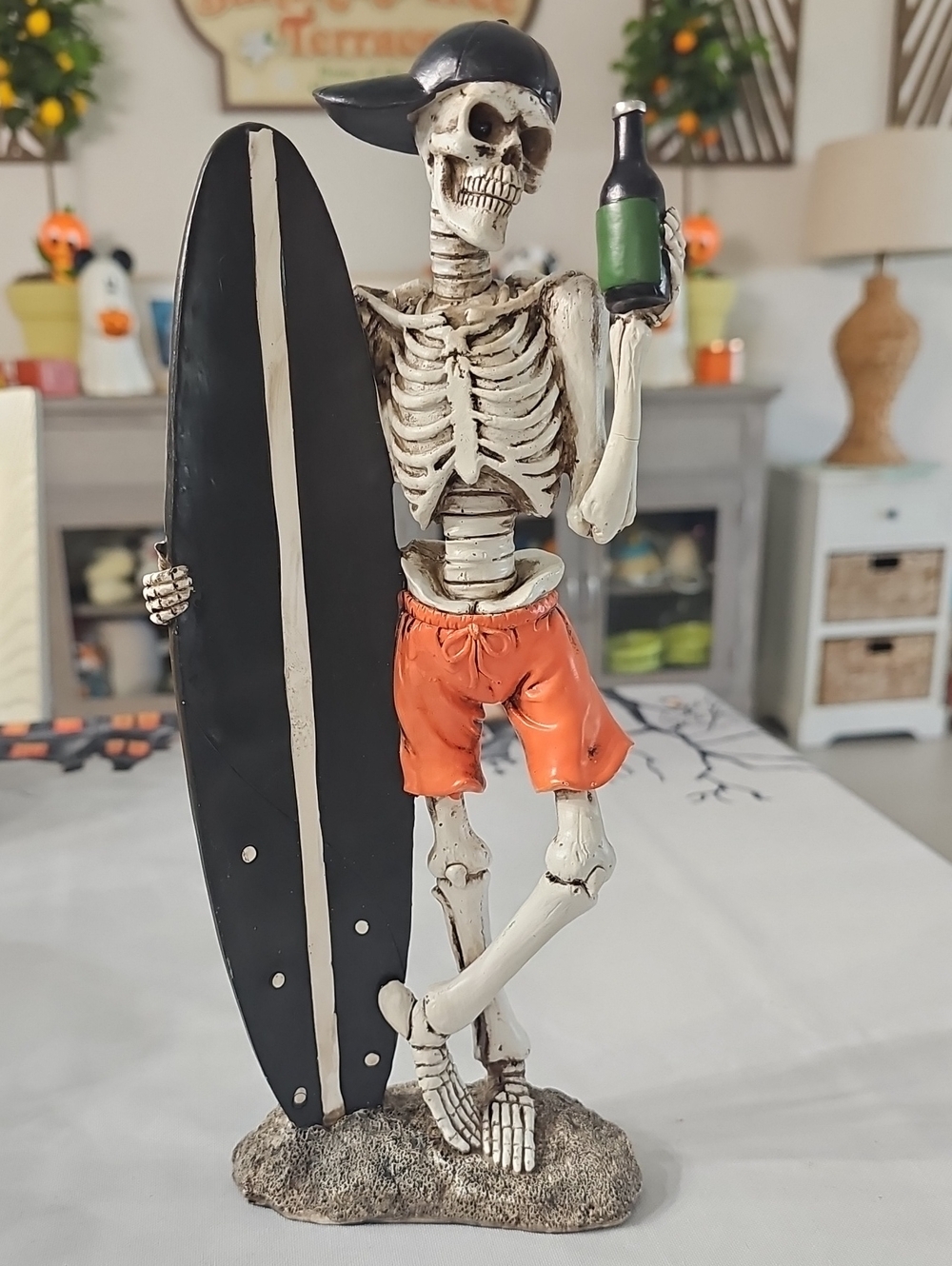 New! Vintage Style Halloween Beach Surf Skeleton Holding Beer